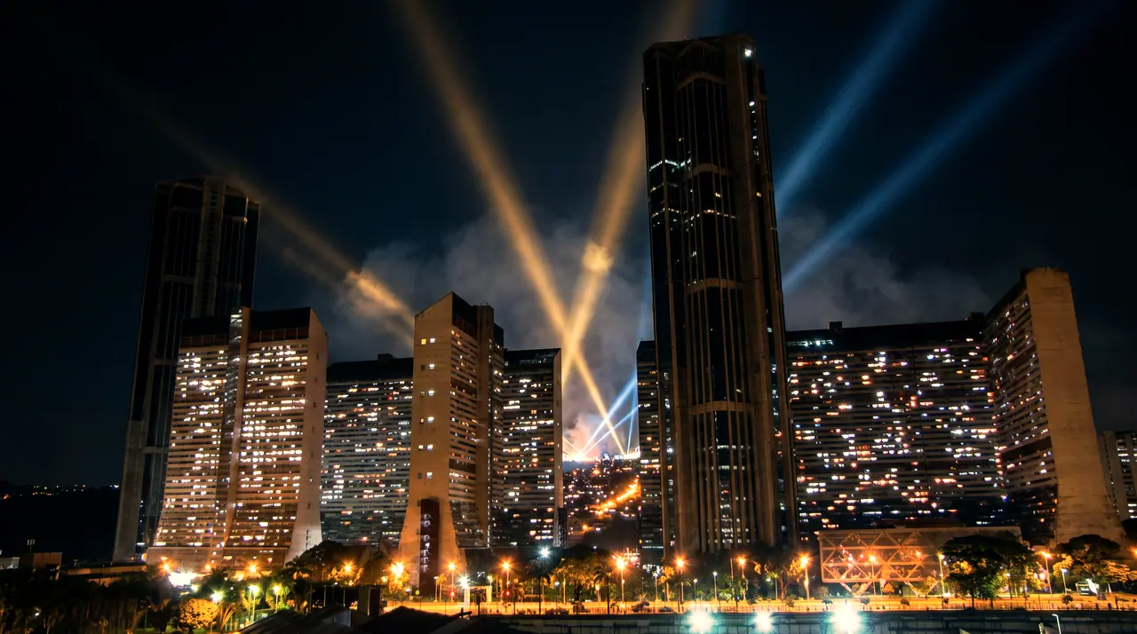 Haces de luz sobre las torres de Caracas de noche