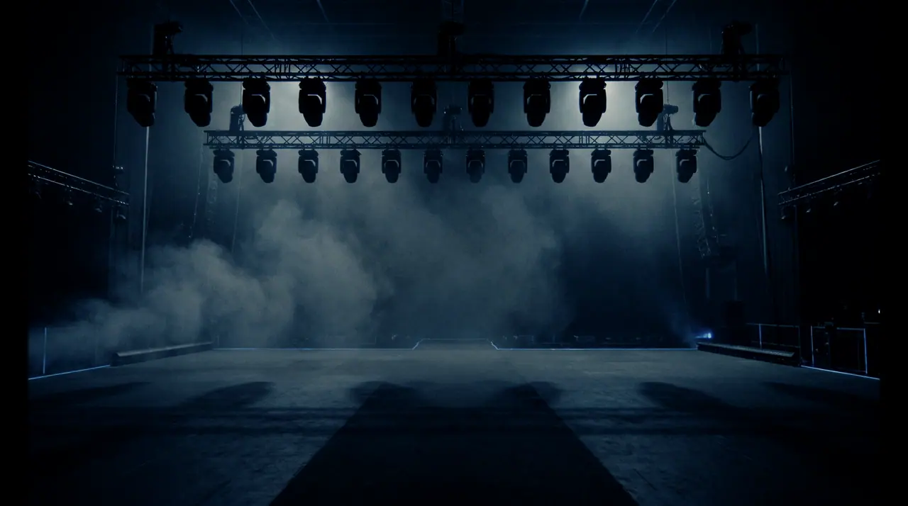 Escenario vacío con humo y luces bajas