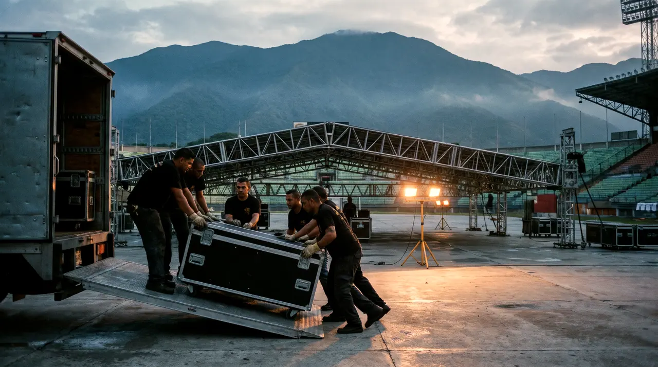 El equipo descarga los equipos al amanecer frente al Ávila, con el techo del escenario a medio armar